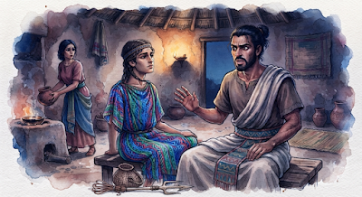 Illustration of the climax from the Jivavarta story by Shon Mehta 'The Cost of Prejudice', showing the discovery of the Dhataki guest inside a tribal home.