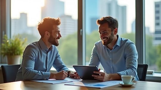 Energetic small business owner consulting with a small business growth coach Austin, both smiling and focused on digital tablet with profit graph, Austin skyline in background, high realism, Canon 50mm.