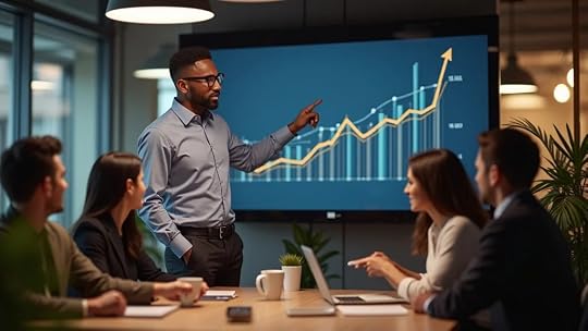 Confident business coach in smart-casual attire reviewing financial charts and growth metrics with entrepreneurs in a modern Austin co-working space, photorealistic, Sony 35mm lens.