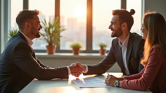 Friendly professional coach shaking hands with small business owner, handing over a printed profit assessment report in bright Austin conference room, city views, high detail, Nikon 85mm.