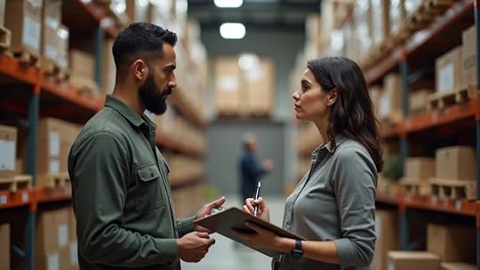 Diligent business owner analyzing inventory and fulfillment with a business coach in a well-lit warehouse, organized shelving, sharp earth-tones, Fujifilm 56mm lens.