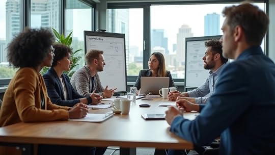 Diverse group of small business leaders at an executive coaching workshop in Austin, roundtable discussion, flip charts, laptops, photorealistic, motivational, Leica 35mm lens.