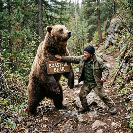 Man in outdoor clothing reaching out to a standing brown bear in a forest trail