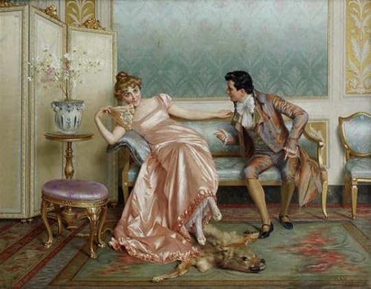 Oil painting of a white man and a white woman, both wearing Regency-era clothing. They are seated on a sofa, with the woman leaning away from the man.