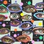 Collage of various eyes on a checkered background.