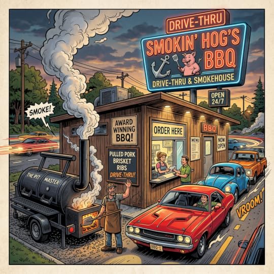 Drive-thru BBQ restaurant with smoker, line of cars, and staff serving customers