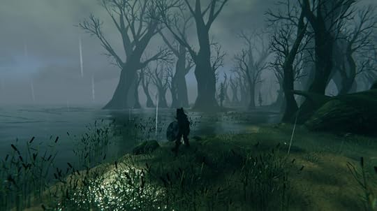 Screenshot from the game Valheim.It shows the Swamp, a biome full of huge dead trees, nasty creatures and constant rain. 