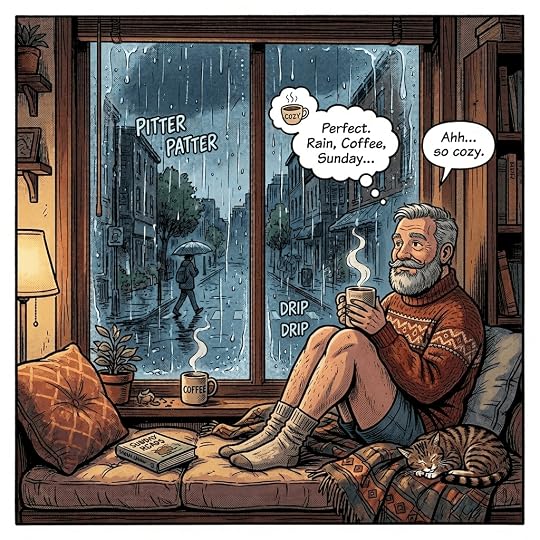 Woman sitting by a window with a steaming cup of coffee, a cat sleeping nearby, rain outside