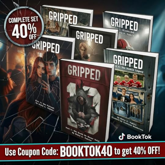 An image showcasing a complete set of books titled 'Gripped,' featuring six different covers with varied designs. The text highlights a 40% discount and includes a coupon code for the deal. The image has a broken glass effect in the background.