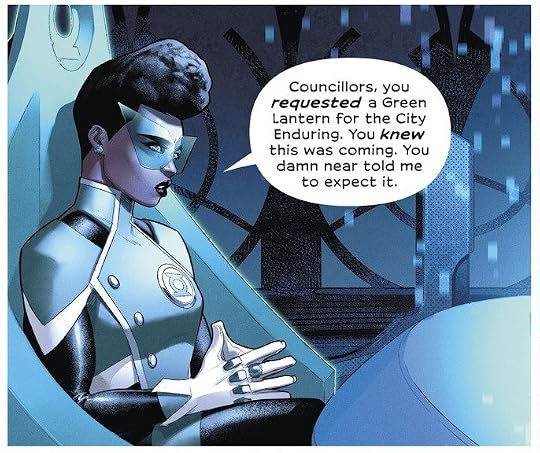 Not quite side profile of Jo sitting in a chair with her hands touching. Speech bubble reads