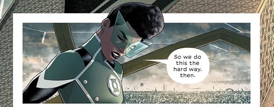 Shot of Jo standing in front of a window that depicts the city, her head is tilted down. Speech bubble reads