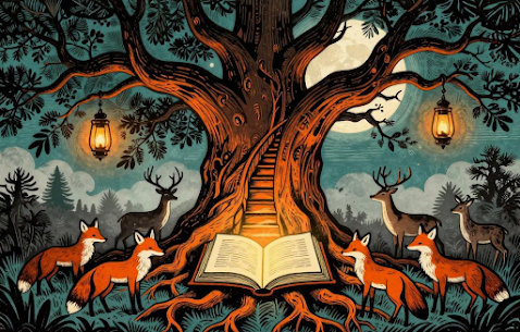 a tree with a book and animals watching