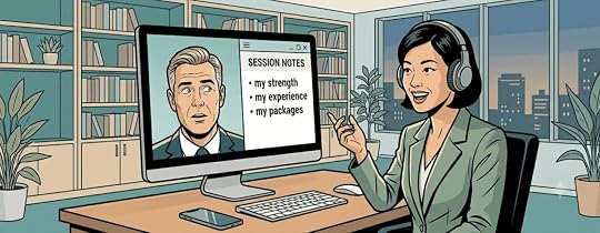 How to Sell Coaching Without Being Pushy - Post Banner: Comic-style illustration of a discovery call where the coach points at session notes reading 'my strength, my experience, my packages' while the prospect on screen looks uncertain, illustrating the language gap that costs coaches clients