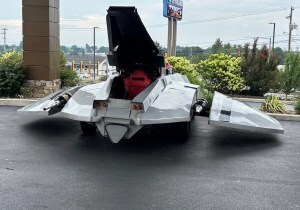 One-man Cylon Raider parked out of the hotel