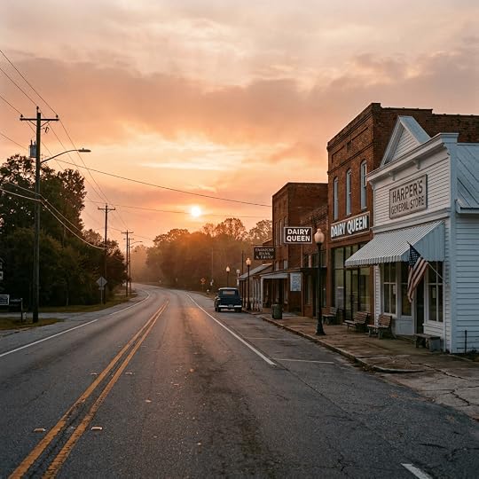 Empty small town main street with old storefronts and sunrise