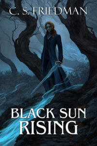 Cover for BLACK SUN RISING forthcoming from Grim Oak Press with cover art by Jeszika Le Vye featuring a slender Gerald Tarrant with red hair in a dark forest illuminated by blue cold fire.