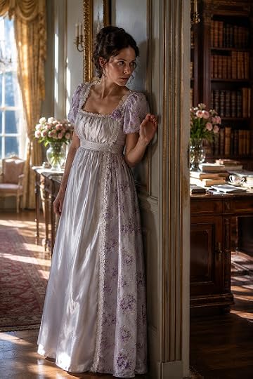 A young Regency gentlewoman in a pale lavender Empire-waist gown quietly listens beside a half-open library door inside an elegant English manor. Sunlight fills the luxurious drawing room while shelves of antique books are visible beyond the doorway, creating an atmosphere of hidden secrets, family mystery, and Christian Regency romantic suspense.
