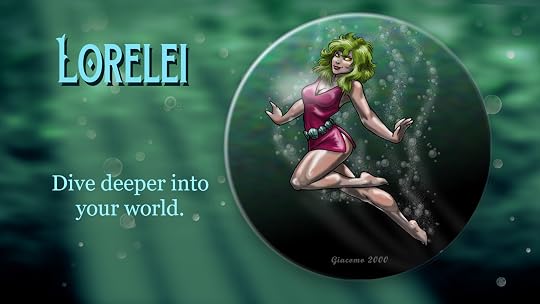 A green-haired golden-eyed siren floating in an aquatic bubble.