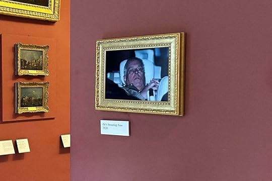 A picture of Andrew Mountbatten Windsor panicking in the back of his car, hanging in the Louvre.