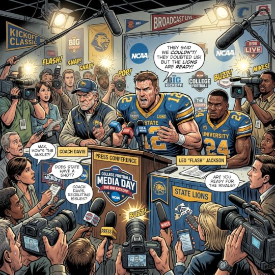 College football press conference with coach and players answering media questions and photographers taking pictures