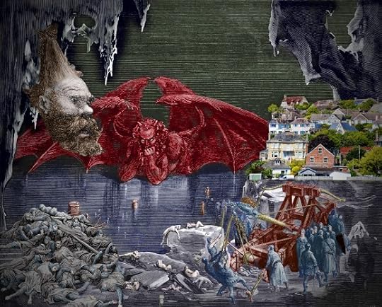 The icy chamber at the center of Dante's hell, dominated by Satan, massive and peering around with his chin propped on his elbows, which rest of the ice-sheet. From the ceiling of the chamber dangles a massive, decapitated head, suspended by the hair. Beneath it is a pile of corpses in middle ages armor. On the opposite side of the chamber stands a suburban housing plot; another group of (living) soldiers in armor aim a giant catapult at it..