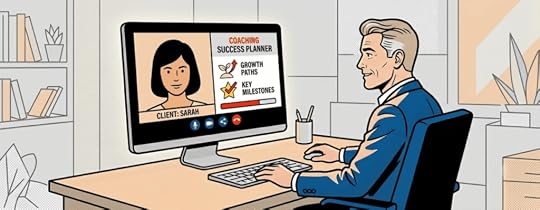 AI Monetization for Coaches - banner image in comic style depicting a coach using AI to help coaching clients - answering the question if coaches can make money with AI and providing an AI revenue calculator