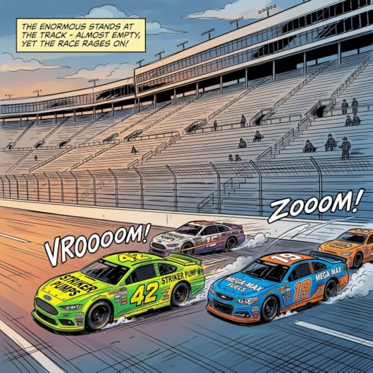 Four race cars speeding on a track with mostly empty grandstands in the background