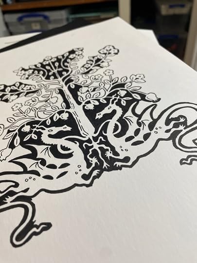 Partially-inked design of dragons in the roots of a tree
