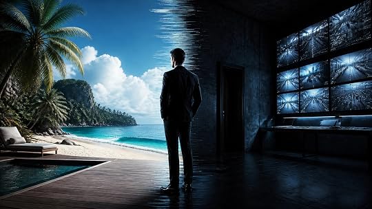 A cinematic threshold between a tropical island and a surveillance room