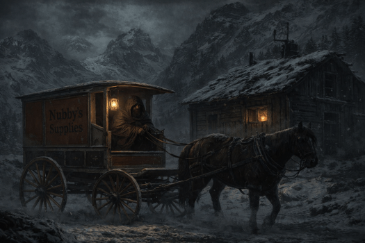 A black horse pulls an old wooden wagon through the snow, before an old shack. Snow-covered, ragged mountains sit in the background. 