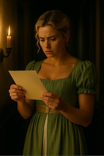 A concerned Regency widow wearing a green Empire-waist gown stands by candlelight reading a handwritten note with a worried expression. The dimly lit historical setting creates an atmosphere of mystery and urgency, evoking Christian Regency romantic suspense, hidden missions, secret messages, and life in Regency England.
