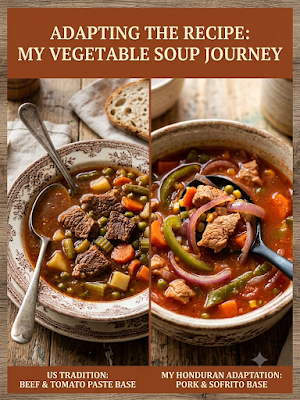 This split, side-by-side photograph provides a visual comparison between a traditional American-style vegetable beef stew and a modified, Honduran-style vegetable and pork soup (the sopa de cerdo from the post). The image on the left shows a thick, dark, tomato-paste-based broth packed with ground beef, diced carrots, corn, and lima beans, representing the traditional recipe. The image on the right recreates the provided photo, showing a lighter, tomato-sofrito-based broth with visible pork chop slices, vibrant large slivers of red onion, green bell peppers, and corn, representing the adapted recipe. Both soups are actively simmering in their respective pots with steam rising.