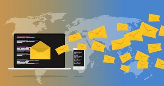 A laptop and smartphone display code and a large yellow envelope as smaller envelopes scatter across a world map, suggesting fast, global digital communication.