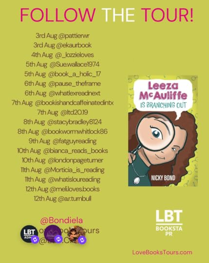 A list of instagram handles next to dates for the Leeza McAuliffe is Branching Out book tour. The front cover - a lime green front with Leeza's head close up - is also featured.