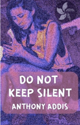 Do Not Keep Silent's original, quiet cover. A young protester looks down at her phone. the bauhenia protest symbol is in the right hand corner.