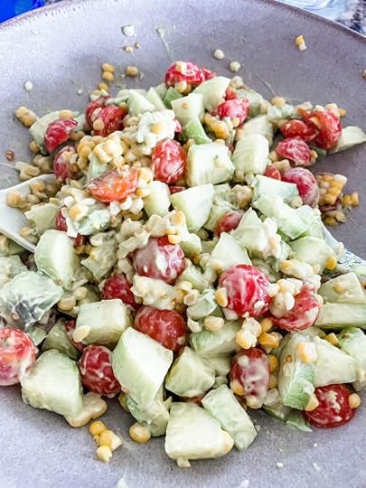 The finished and dressed Cucumber, Corn and Tomato Salad with Easy Avocado Dressing