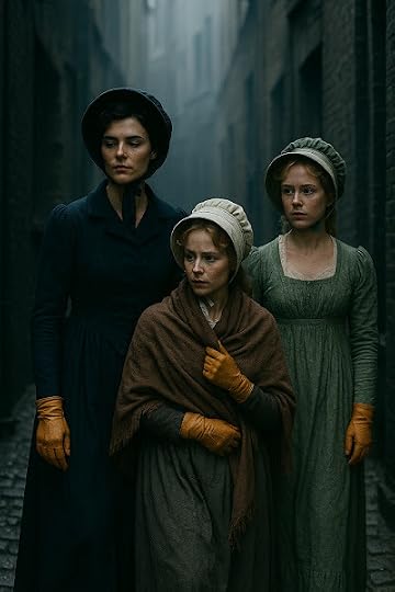 Three Regency women walk cautiously through a dark, narrow London alley wearing plain dresses, bonnets, shawls, and gloves. Their alert expressions and the shadowy cobblestone street create an atmosphere of danger, courage, and suspense, evoking Christian Regency romantic suspense, historical mystery, female friendship, and Regency spy adventure.