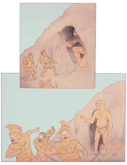 Odysseus and his men look upon a giant emerging from a cave whose large eye peers at them. The greek soldiers run away in fear, each of them having just one eye. It turns out that the giant "biclops" (freakish to them) has two eyes.