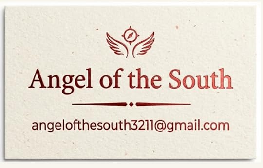 Imagge of Angel of the South's business card, with shiny red embossed writing and a Gmail address.