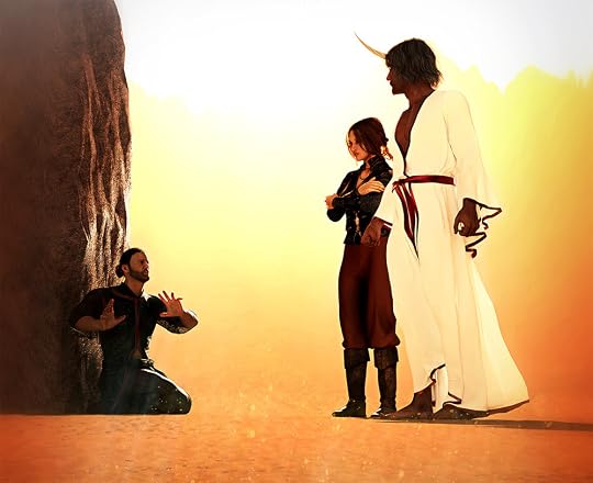 A horned man stands next to a woman with her arms crossed. They're confronting a frightened man cornered against a rock.