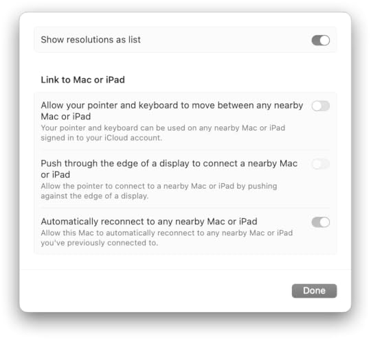 macOS's Link to Mac or iPad dialog box, showing four settings implemented as toggles, each in a different shade of grey