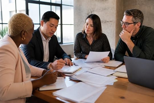 Diverse team of procurement and legal professionals collaborating around a desk, reviewing contract documents on multiple screens with digital workflow tools visible, natural office lighting from large windows