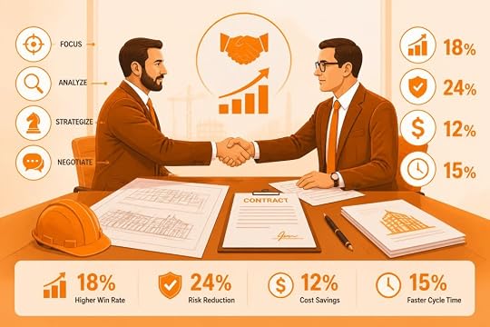 Two professionals shaking hands across a conference table with technical drawings and contract documents visible, natural office lighting, serious professional expressions