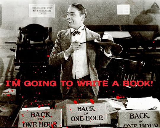 A vintage black and white photo with a happy-looking man rising from a desk with a sign saying 