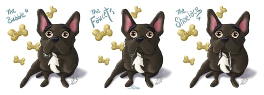 3 illustrations side by side of Pax the French bulldog and his 3 stages of drooling--the bubble, the faucet, and the shoelace