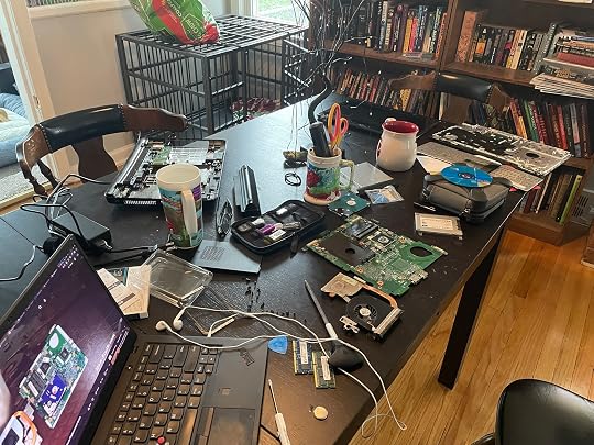 Computer parts strewn across a table