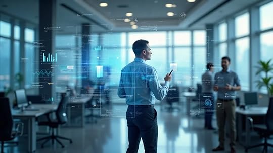 Futuristic business workflow visualization showing Strategy & Setup services in Austin with digital overlays of workflow and data charts in a modern Austin office