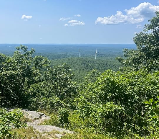 Looking south from a ledge just off Mt. Wachusett's summit on a clear July day, with two wind turbines framed against the blue distance.