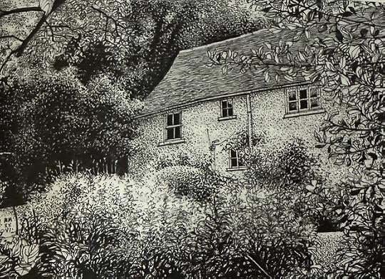 Black and white illustratin of a house surrounded by garden and trees. By Simon Dorrell. 