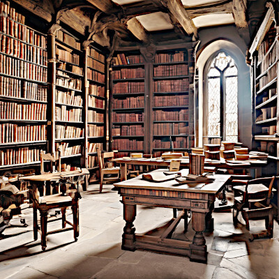 Interior of a medieval library-workroom